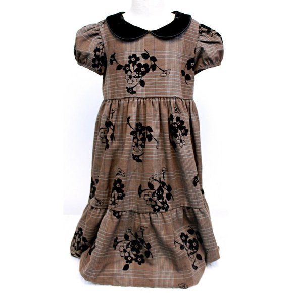 Laura Ashley London Girls Dress Brown Plaid Black Velvet Collar & Flowers Sz 6 - Picture 1 of 10